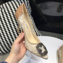 Manolo Blahnik Elegant Diamond Buckle Lace Shoes For Women Beige