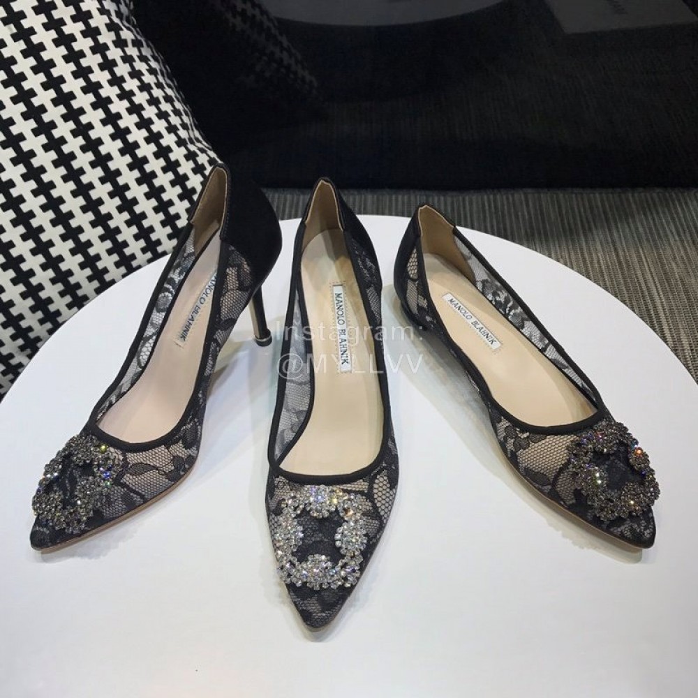 Manolo Blahnik Fashion Diamond Buckle Lace Shoes For Women Black