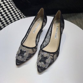 Manolo Blahnik Fashion Diamond Buckle Lace Shoes For Women Black