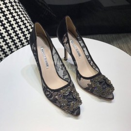 Manolo Blahnik Fashion Diamond Buckle Lace Shoes For Women Black