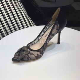 Manolo Blahnik Fashion Diamond Buckle Lace Shoes For Women Black