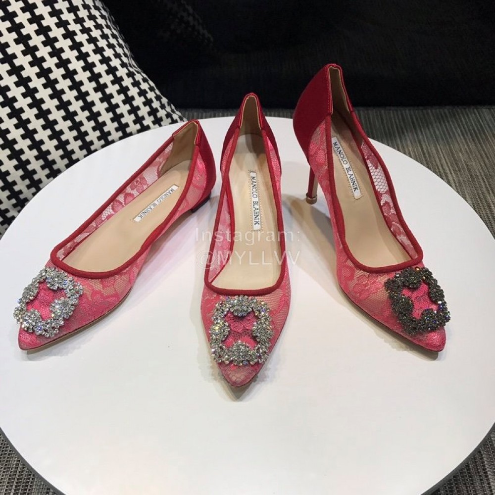 Manolo Blahnik Fashion Diamond Buckle Lace Shoes For Women Rose Red