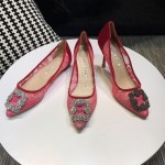 Manolo Blahnik Fashion Diamond Buckle Lace Shoes For Women Rose Red