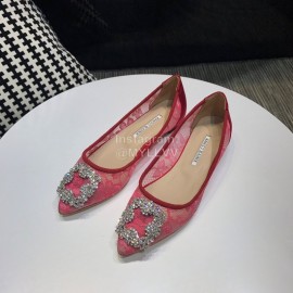 Manolo Blahnik Fashion Diamond Buckle Lace Shoes For Women Rose Red