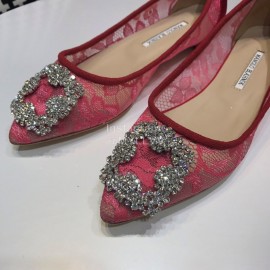 Manolo Blahnik Fashion Diamond Buckle Lace Shoes For Women Rose Red