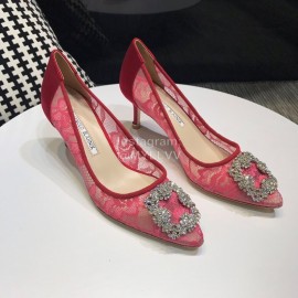 Manolo Blahnik Fashion Diamond Buckle Lace Shoes For Women Rose Red