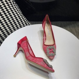 Manolo Blahnik Fashion Diamond Buckle Lace Shoes For Women Rose Red