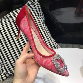 Manolo Blahnik Fashion Diamond Buckle Lace Shoes For Women Rose Red