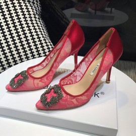 Manolo Blahnik Fashion Diamond Buckle Lace Shoes For Women Rose Red