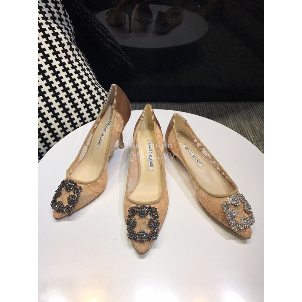 Manolo Blahnik Fashion Diamond Buckle Lace Shoes For Women Khaki