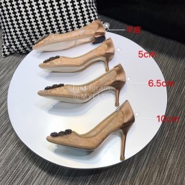 Manolo Blahnik Fashion Diamond Buckle Lace Shoes For Women Khaki