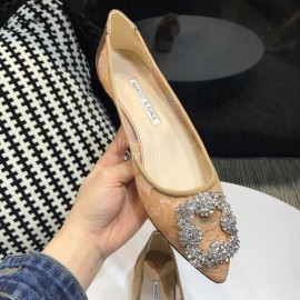 Manolo Blahnik Fashion Diamond Buckle Lace Shoes For Women Khaki