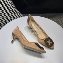 Manolo Blahnik Fashion Diamond Buckle Lace Shoes For Women Khaki