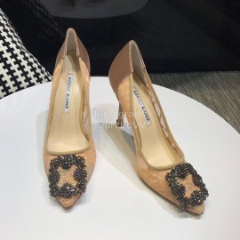 Manolo Blahnik Fashion Diamond Buckle Lace Shoes For Women Khaki