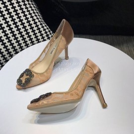 Manolo Blahnik Fashion Diamond Buckle Lace Shoes For Women Khaki