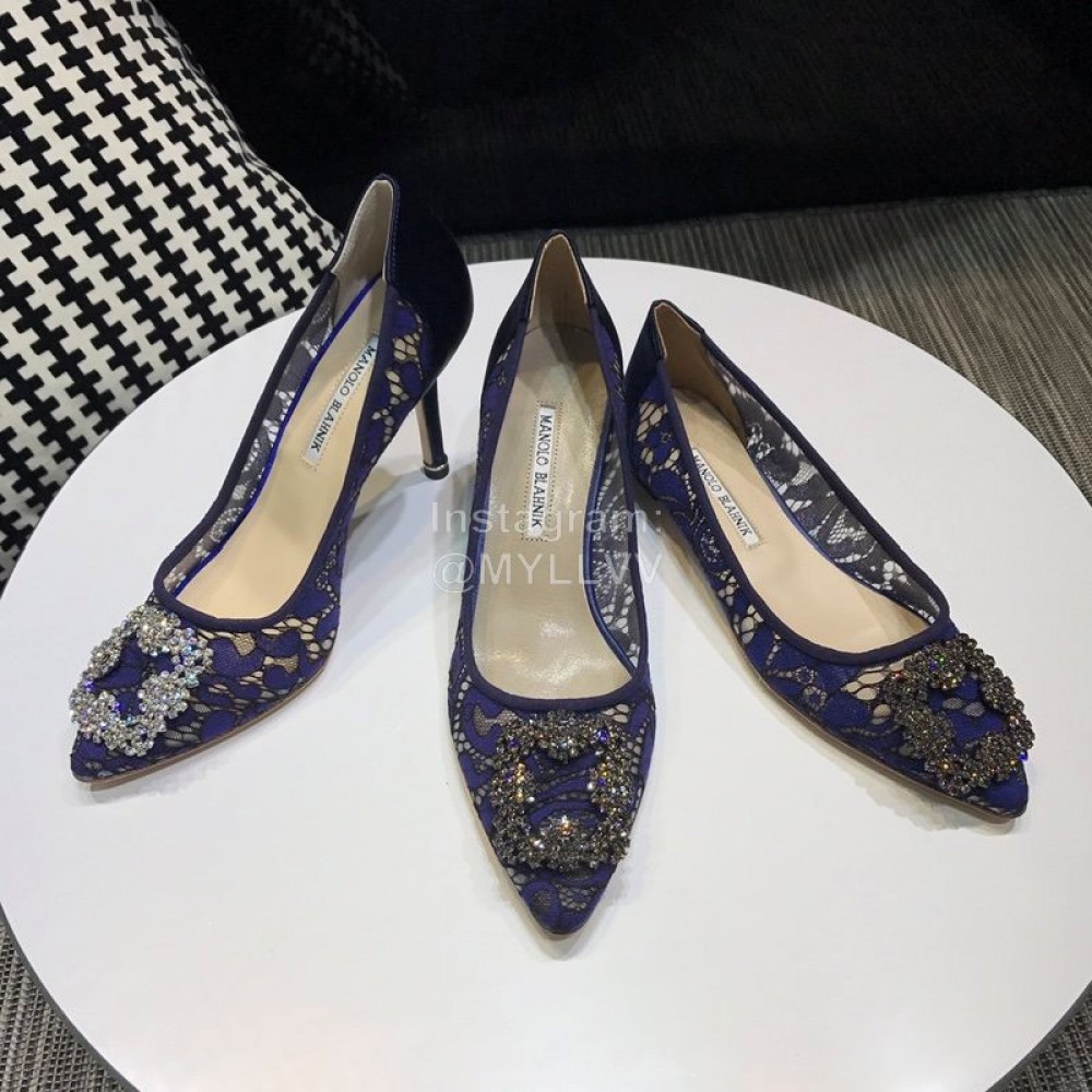Manolo Blahnik Fashion Diamond Buckle Lace Shoes For Women Blue