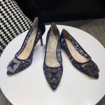 Manolo Blahnik Fashion Diamond Buckle Lace Shoes For Women Blue