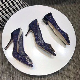 Manolo Blahnik Fashion Diamond Buckle Lace Shoes For Women Blue