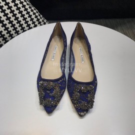 Manolo Blahnik Fashion Diamond Buckle Lace Shoes For Women Blue