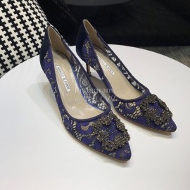 Manolo Blahnik Fashion Diamond Buckle Lace Shoes For Women Blue