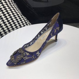 Manolo Blahnik Fashion Diamond Buckle Lace Shoes For Women Blue