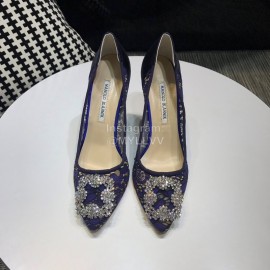 Manolo Blahnik Fashion Diamond Buckle Lace Shoes For Women Blue