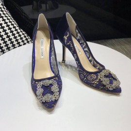 Manolo Blahnik Fashion Diamond Buckle Lace Shoes For Women Blue