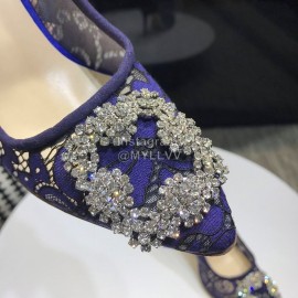 Manolo Blahnik Fashion Diamond Buckle Lace Shoes For Women Blue