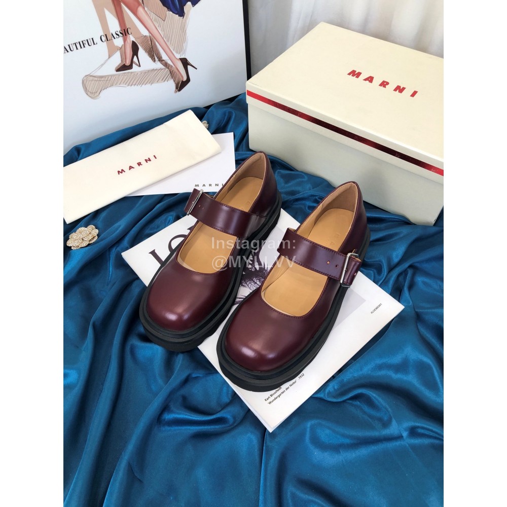 Marni Autumn Cowhide Mary Jane Shoes For Women Wine Red