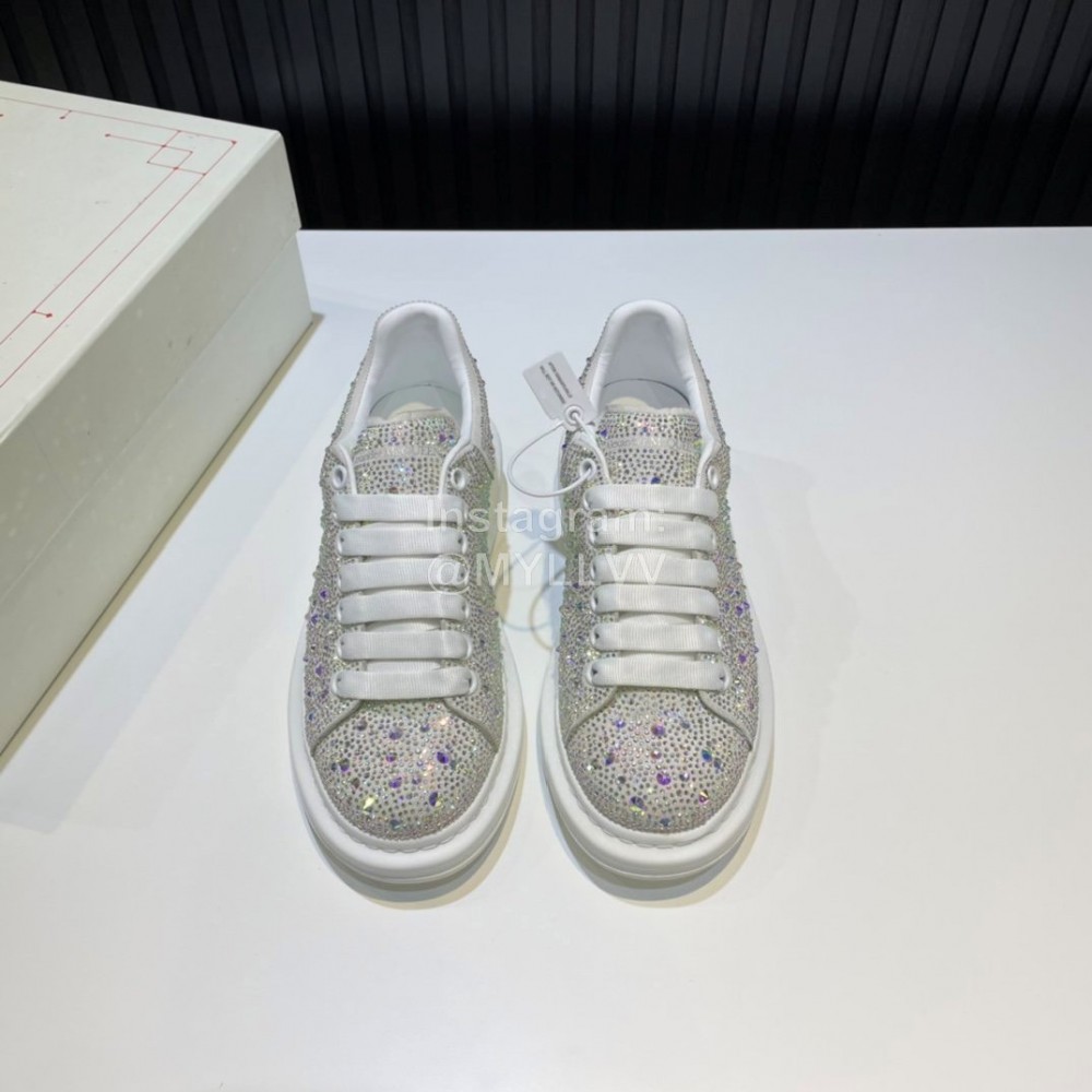 Alexander Mcqueen Rhinestone Leather Casual Shoes For Men And Women White