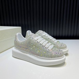Alexander Mcqueen Rhinestone Leather Casual Shoes For Men And Women White
