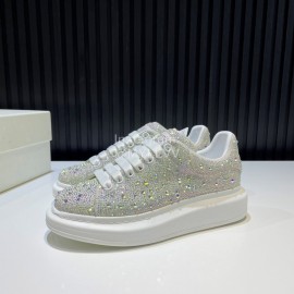 Alexander Mcqueen Rhinestone Leather Casual Shoes For Men And Women White