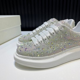 Alexander Mcqueen Rhinestone Leather Casual Shoes For Men And Women White