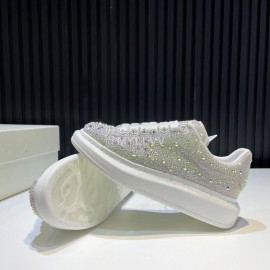 Alexander Mcqueen Rhinestone Leather Casual Shoes For Men And Women White