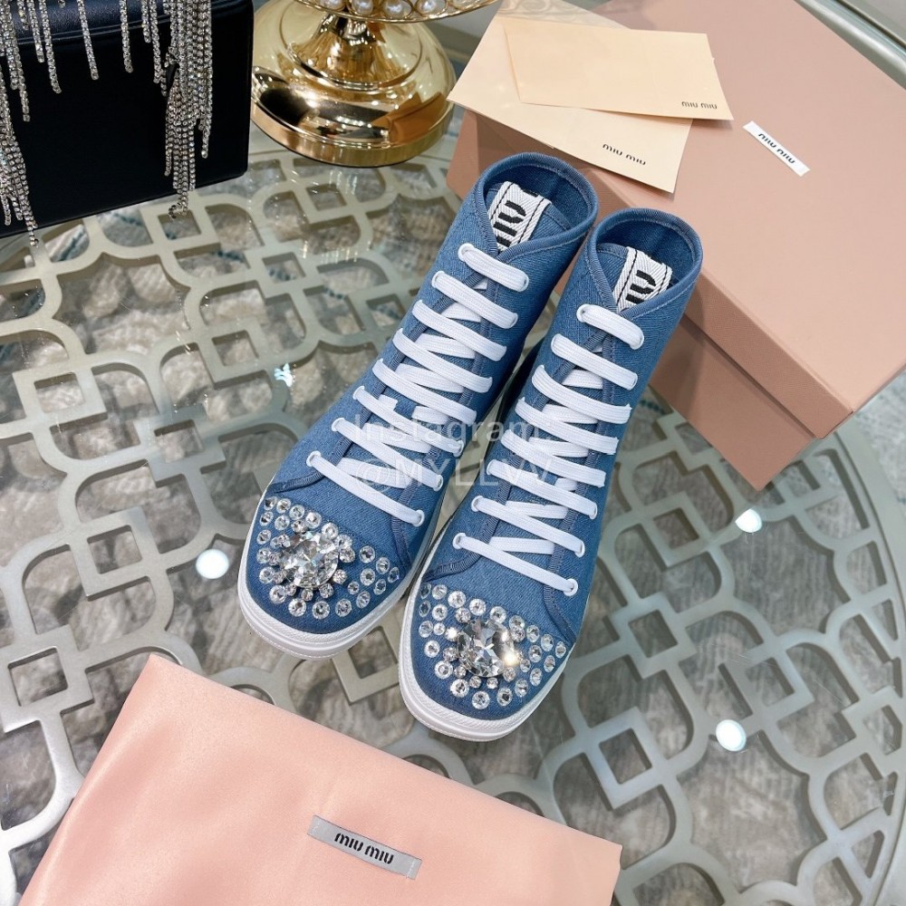 Miumiu Fashion Rhinestone Lace Up High Top Shoes For Women Denim