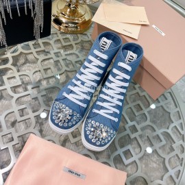 Miumiu Fashion Rhinestone Lace Up High Top Shoes For Women Denim