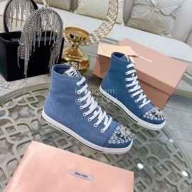 Miumiu Fashion Rhinestone Lace Up High Top Shoes For Women Denim