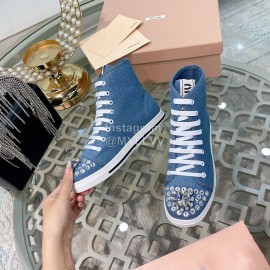 Miumiu Fashion Rhinestone Lace Up High Top Shoes For Women Denim