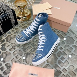 Miumiu Fashion Rhinestone Lace Up High Top Shoes For Women Denim