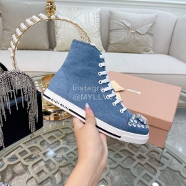Miumiu Fashion Rhinestone Lace Up High Top Shoes For Women Denim