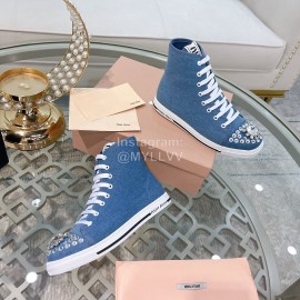 Miumiu Fashion Rhinestone Lace Up High Top Shoes For Women Denim