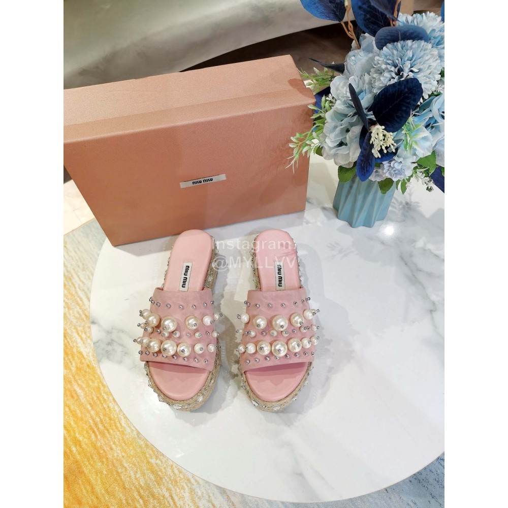 Miumiu Hemp Rope Thick Bottom Pearl Slippers For Women Pink