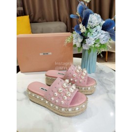 Miumiu Hemp Rope Thick Bottom Pearl Slippers For Women Pink