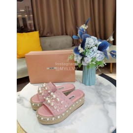 Miumiu Hemp Rope Thick Bottom Pearl Slippers For Women Pink