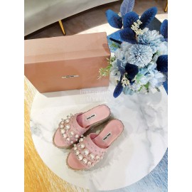 Miumiu Hemp Rope Thick Bottom Pearl Slippers For Women Pink