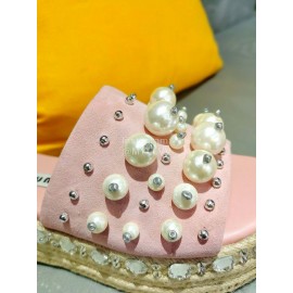 Miumiu Hemp Rope Thick Bottom Pearl Slippers For Women Pink