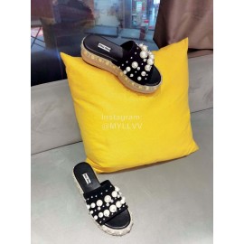 Miumiu Hemp Rope Thick Bottom Pearl Slippers For Women Black