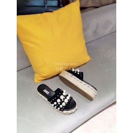 Miumiu Hemp Rope Thick Bottom Pearl Slippers For Women Black