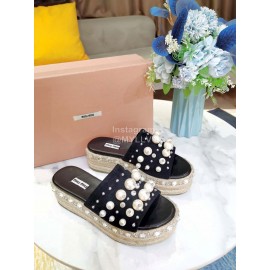 Miumiu Hemp Rope Thick Bottom Pearl Slippers For Women Black