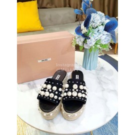 Miumiu Hemp Rope Thick Bottom Pearl Slippers For Women Black